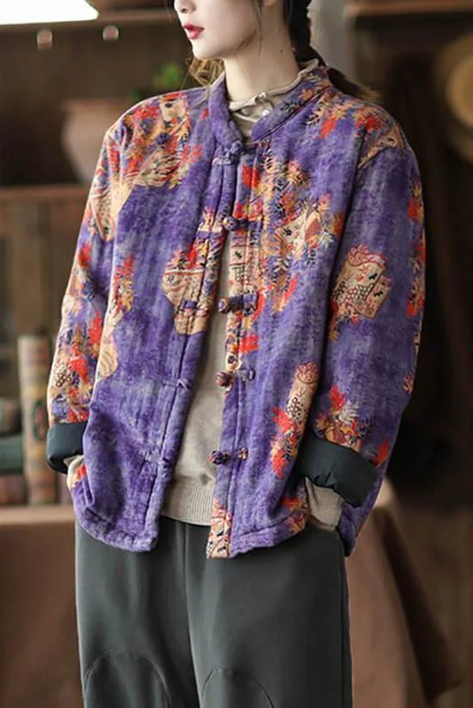 Plus Size - Women Retro Thick Warm Print Cotton Coat