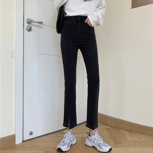 Jeans Women Skinny Split Vintage Design Chic Leisure All-match Ulzzang Fashion Solid Ladies New Clothing Basic Trousers Cozy Ins