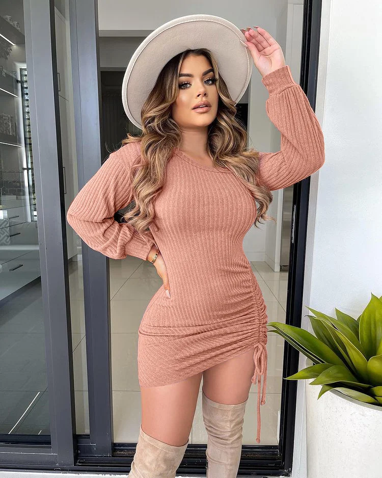Long-sleeved Drawstring Strapless Mid-length Dress