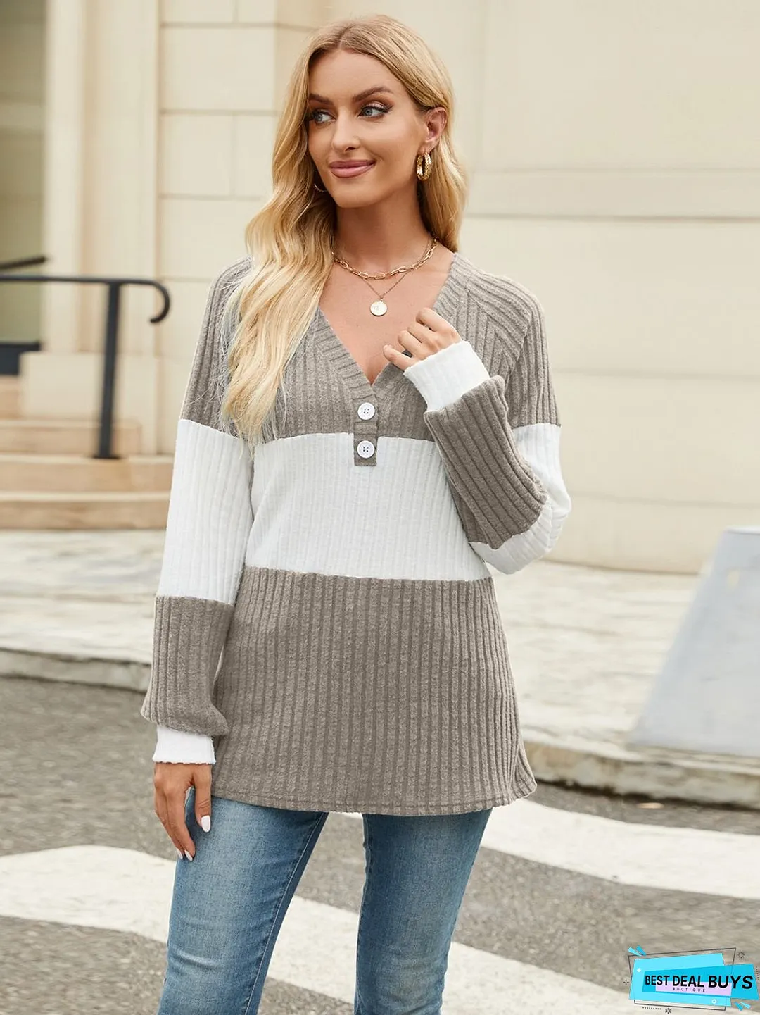 Color Block V-Neck Long Sleeve T-Shirt