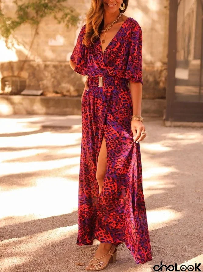 Women Fashion Elegant Tiny Flower Printing Flare Sleeve Wrap Maxi Slit Dress