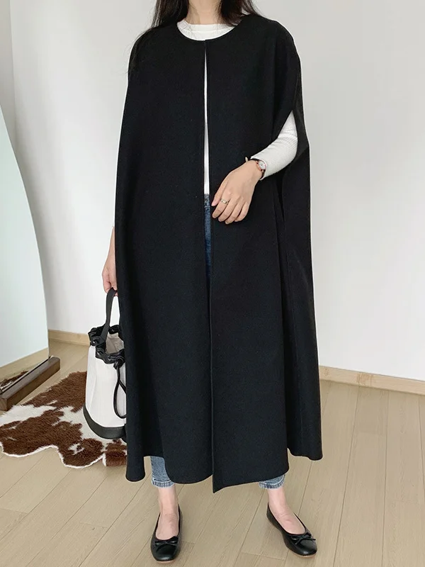 Loose Sleeveless Solid Color Round-Neck Cape Outerwear