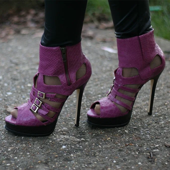 Purple Python Summer Boots Peep Toe Hollow out Buckles Ankle Boots |FSJ Shoes