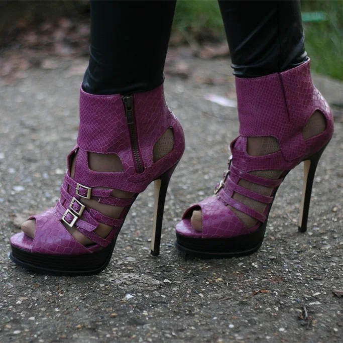 Purple Python Peep Toe Ankle Booties Vdcoo