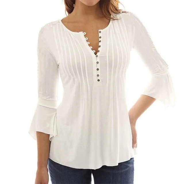 Women Elegant Ruffles Tops Plus Size Flare Sleeve Solid Casual Loose Shirt Blouse