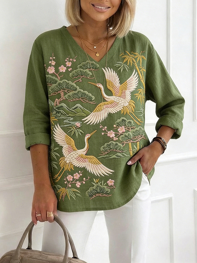 Vintage Cherry Blossom Crane Art V Neck Linen T Shirt wearshes