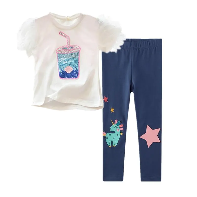 Two Pieces Kids Children Girls Clothes Set Little Girl Summer Cartoon Print T Shirt and Pants Leggings Outfits Clothing 2pcs