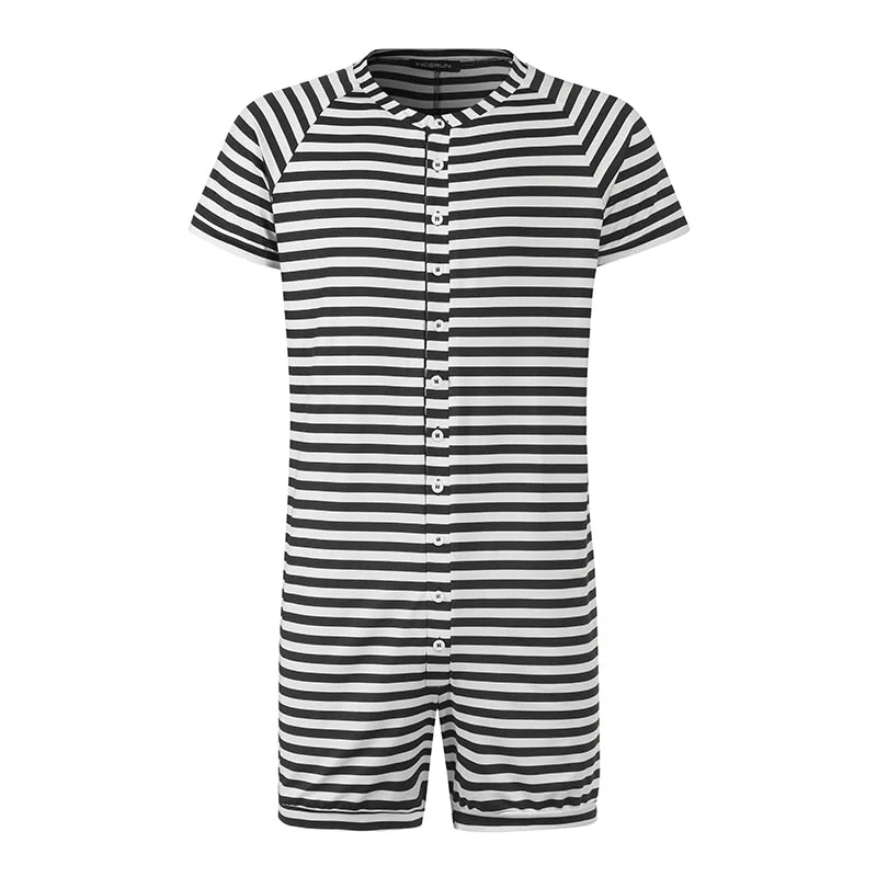 2021 Striped Men Pajamas Playsuit Short Sleeve Button Fitness Homewear Comfortable Shorts Mens Rompers Sleepwear INCERUN S-5XL 7