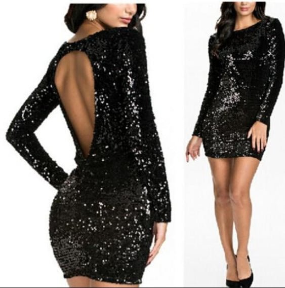 Fashionable Autumn Sequined Backless Sheath Slim-fit Long-sleeved Dress
