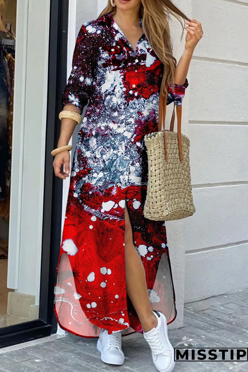 Lake Green Casual Street Print Patchwork Buckle Turndown Collar Shirt Dress Dresses