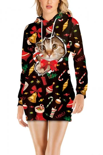 Drawstring Womens Christmas Cat Dress Black-elleschic