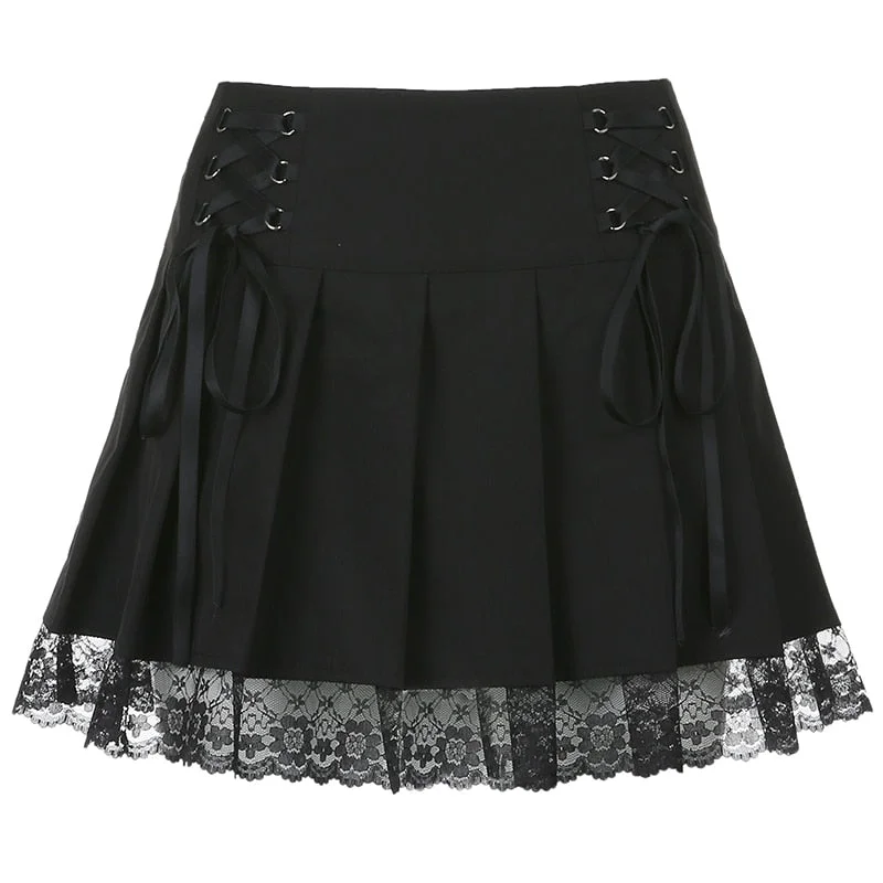 Sweetown Lace Up Goth New Pleated Skirt Woman Punk Style Dark Academia Aesthetic Vintage 90s Streetwear Black Dance Mini Skirts