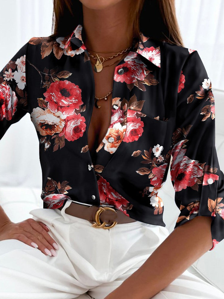 Women Long Sleeve V-neck Graphic Floral Printed Top