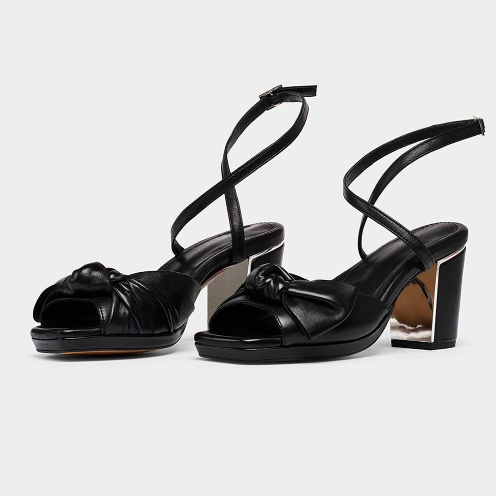 Bow Open Toe Crossover Buckle Strap Platform Black Heels Sandals Nicepairs