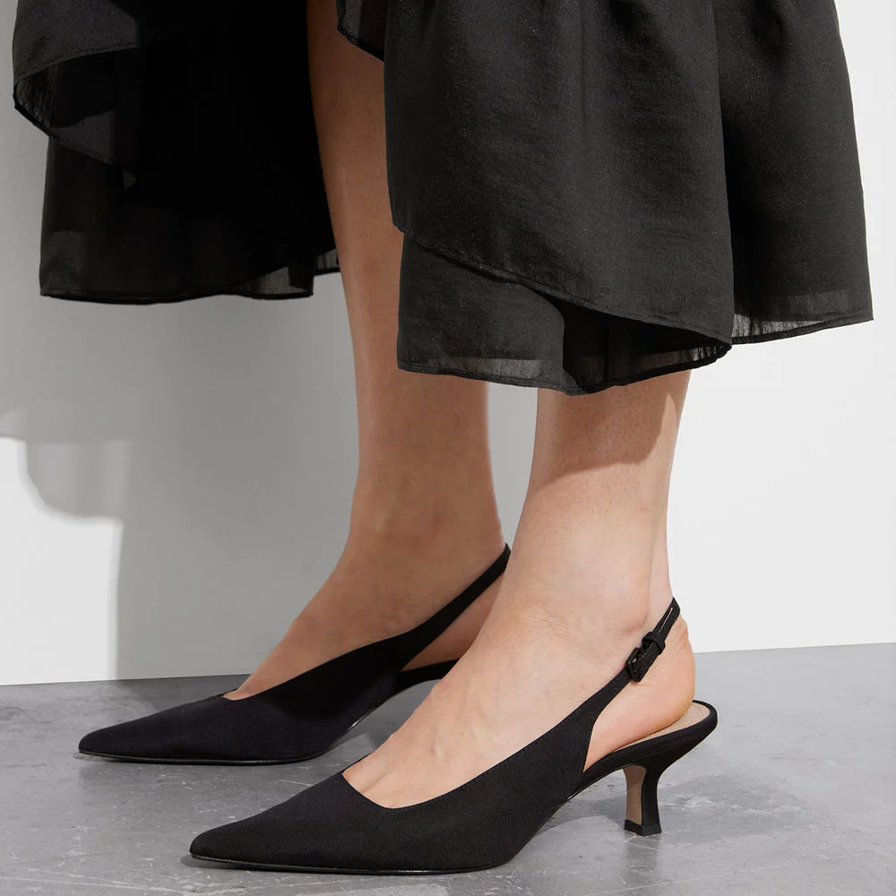 Black Fabric Slingback Kitten Heel Pointed Buckle Pumps Shoes