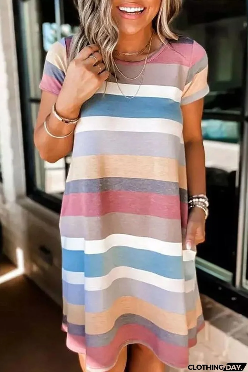 Multicolor Striped Pocket T Shirt Dress