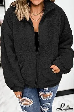 Solid Pocket Zipper Zipper Collar Outerwear