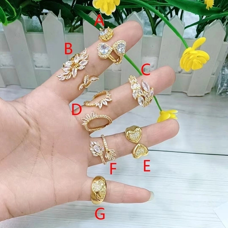 Vacation Modern Style Heart Shape Wings Grain Copper Zircon 18K Gold Plated Polishing Inlay Open Rings