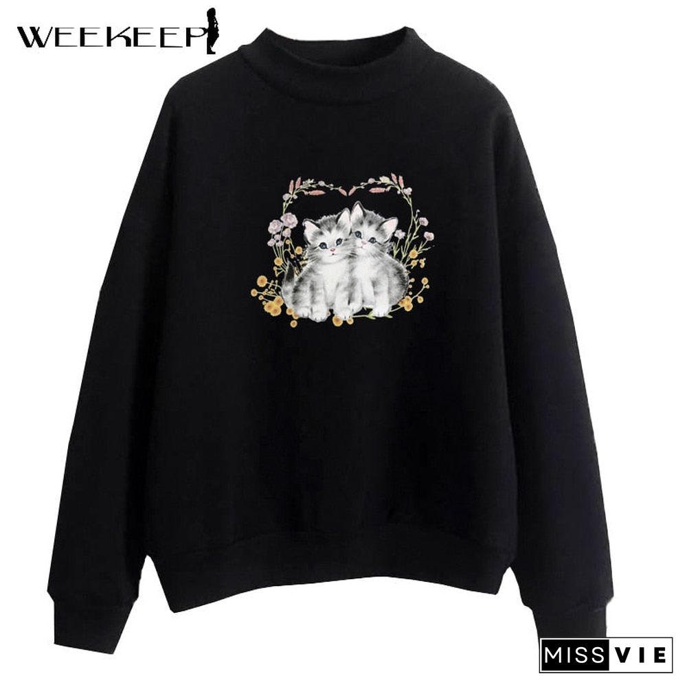 Weekeep Casual Oversized Sweatshirts Women Cute Cat Print Pullover Autumn Long Sleeve Loose Harajuku Streetwear Korean Aesthetic