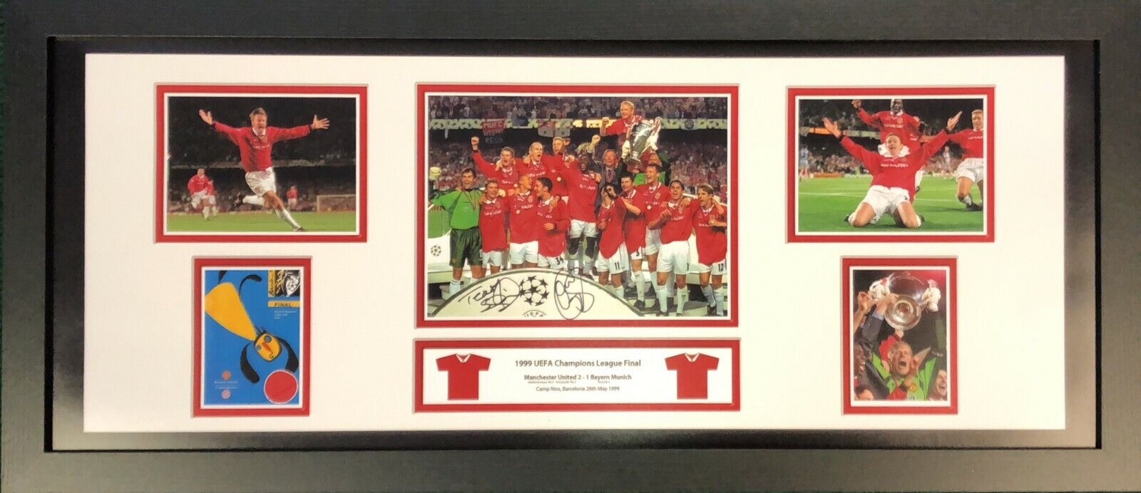 FRAMED SHERINGHAM SOLSKJAER DUAL SIGNED MANCHESTER UNITED 30x12 Photo Poster painting 1999 FINAL