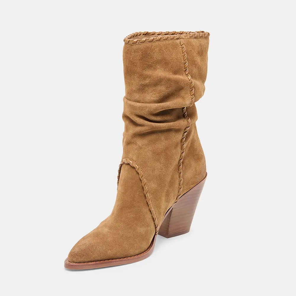 Brown Vegan Suede Pointed Toe Pleated Mid Calf Boots with Chunky Heel