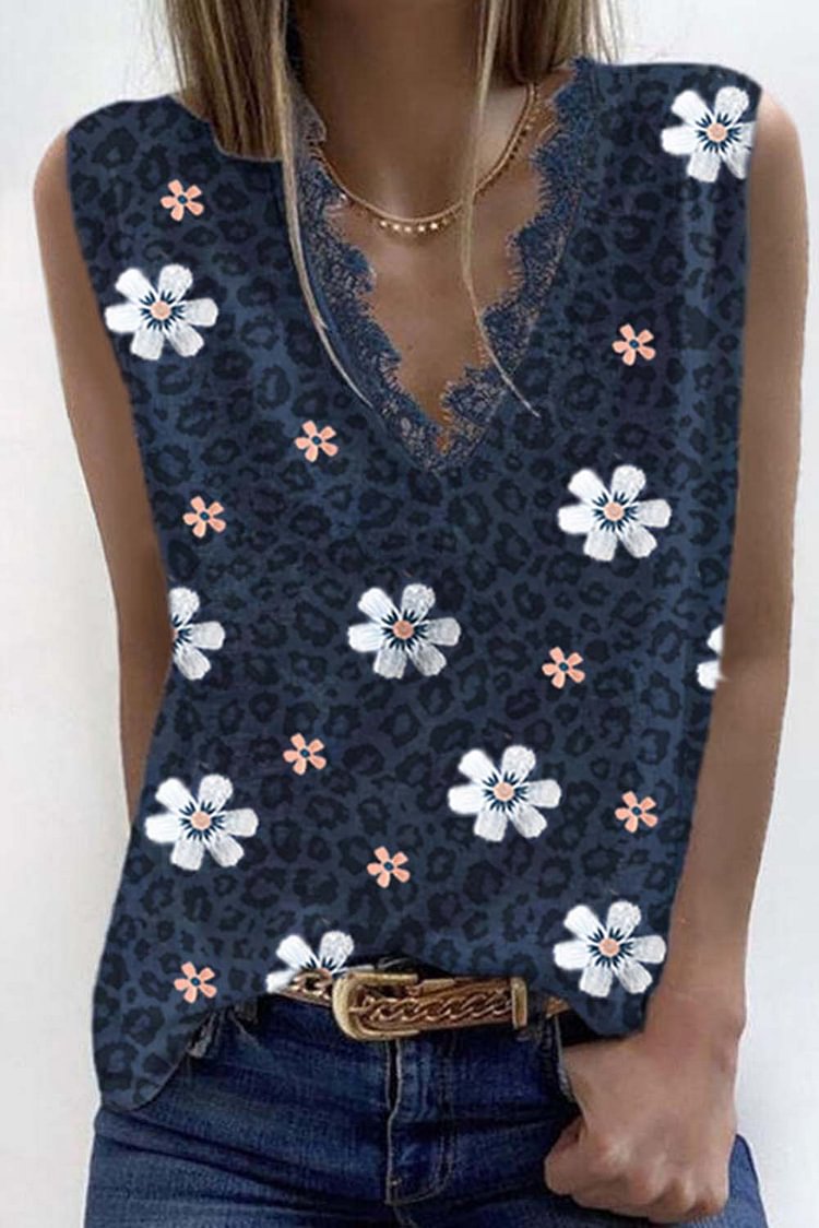 Women's Tank Tops Leopard Floral Print Lace Trim Top