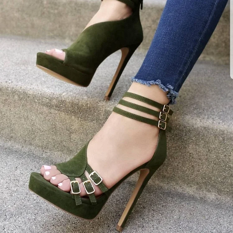 Green High Heel Ankle Strap Sandals with Buckles and Platform Vdcoo
