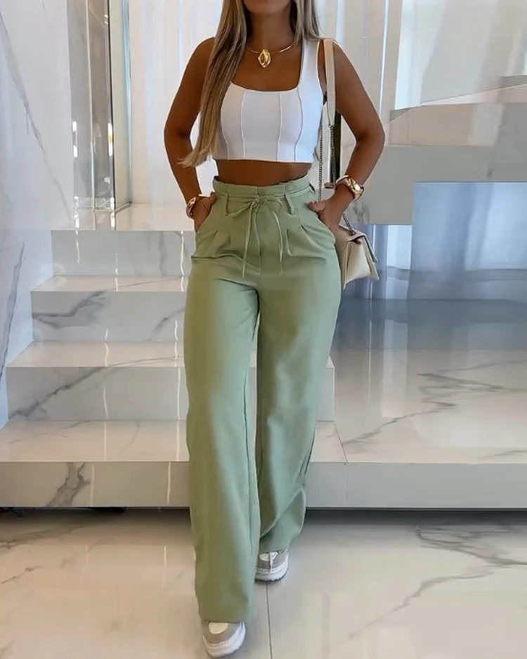 Sleeveless solid color casual two-piece suit
