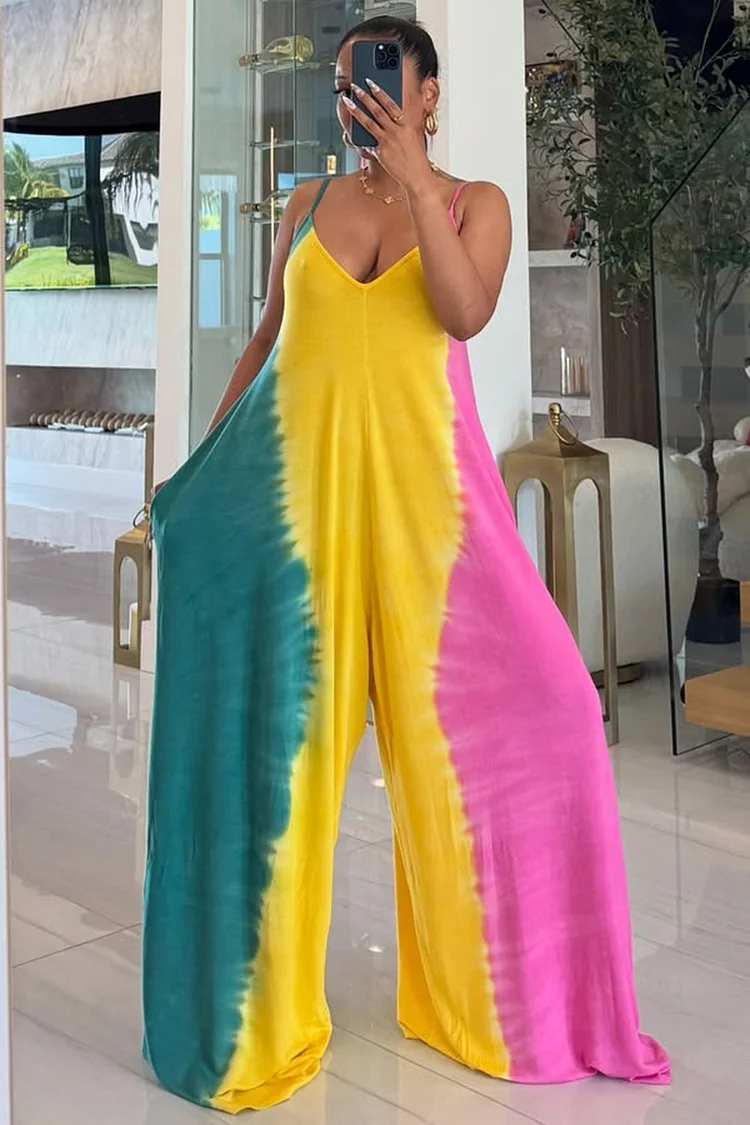 Colorblock Tie Dye Print Oversize Cami Wide Leg Jumpsuit-Yellow [Pre Order]