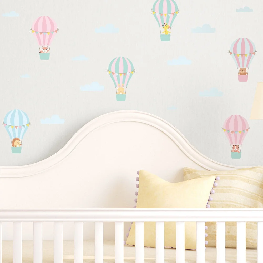 DIY Cartoon Animal Hot Air Balloon Wall Sticker For Kids Room Nursery Room Fidge Cabinet Decals Murals Home Decor