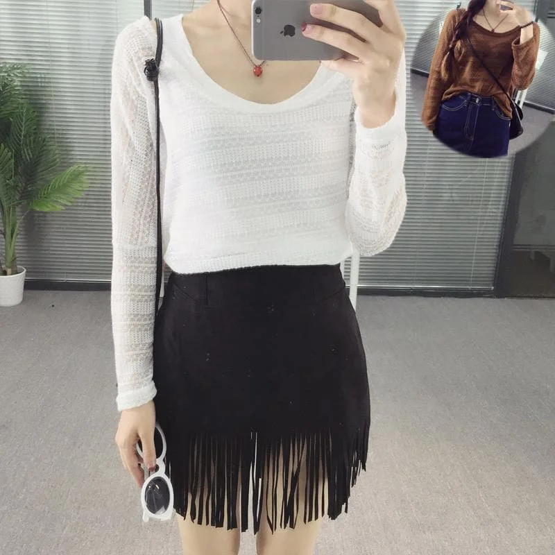 White/Coffee Long Sleeve Thin Knitted Top SP153475