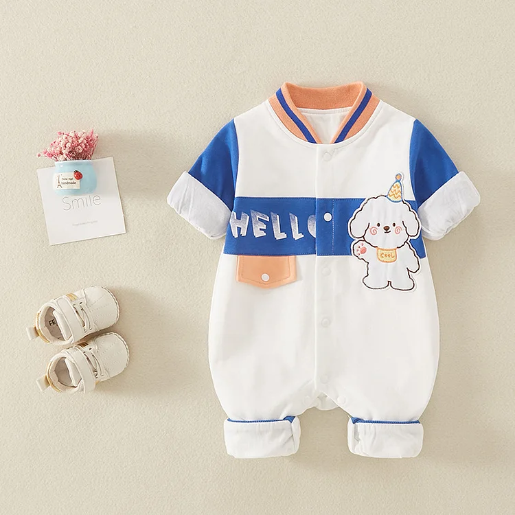 Baby Boy & Girl Lovely Cartoon Dog and Letter Long Sleeve Romper