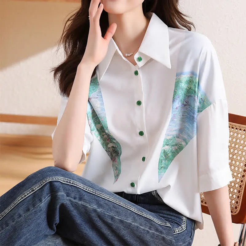 Chic Painting Print Chiffon Lapel Shirt Workwear