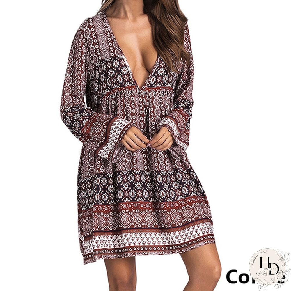 Women Boho Mini Dress Floral Printed Long Sleeve Deep V-Neck Loose Party Beach Short Dress