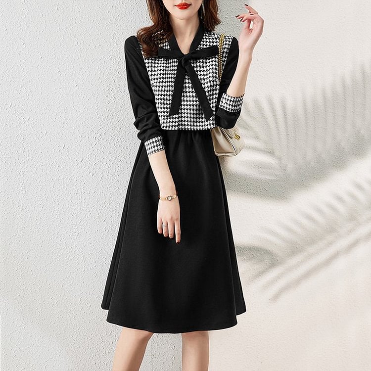 Cotton-Blend Checkered/plaid Long Sleeve Paneled Dresses