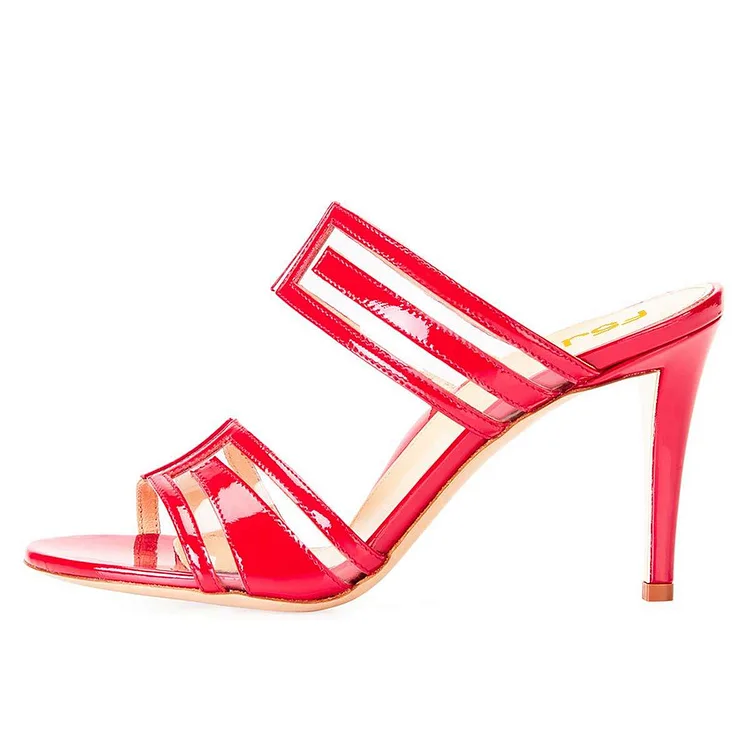 Red Clear PVC Mule Heels Sandals |FSJ Shoes