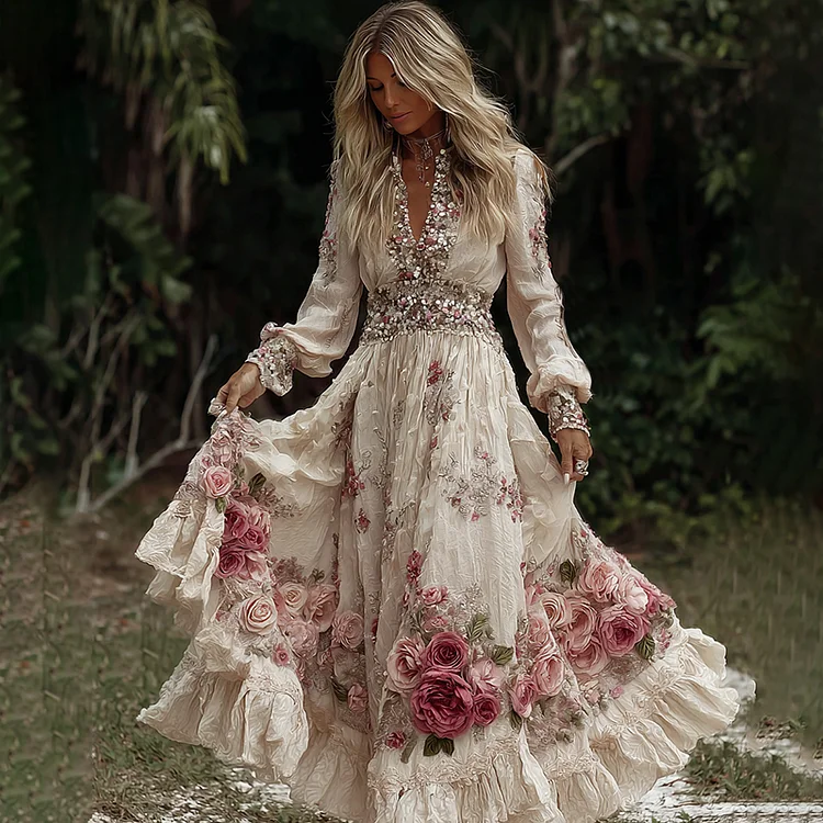 Women's Vintage Pink Roses Embroidery Art V-neck Long Sleeves Maxi Dress