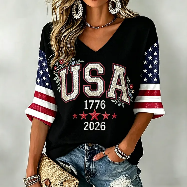 Women's Independence Day Art Three-quarter Sleeve V Neck Linen Tops