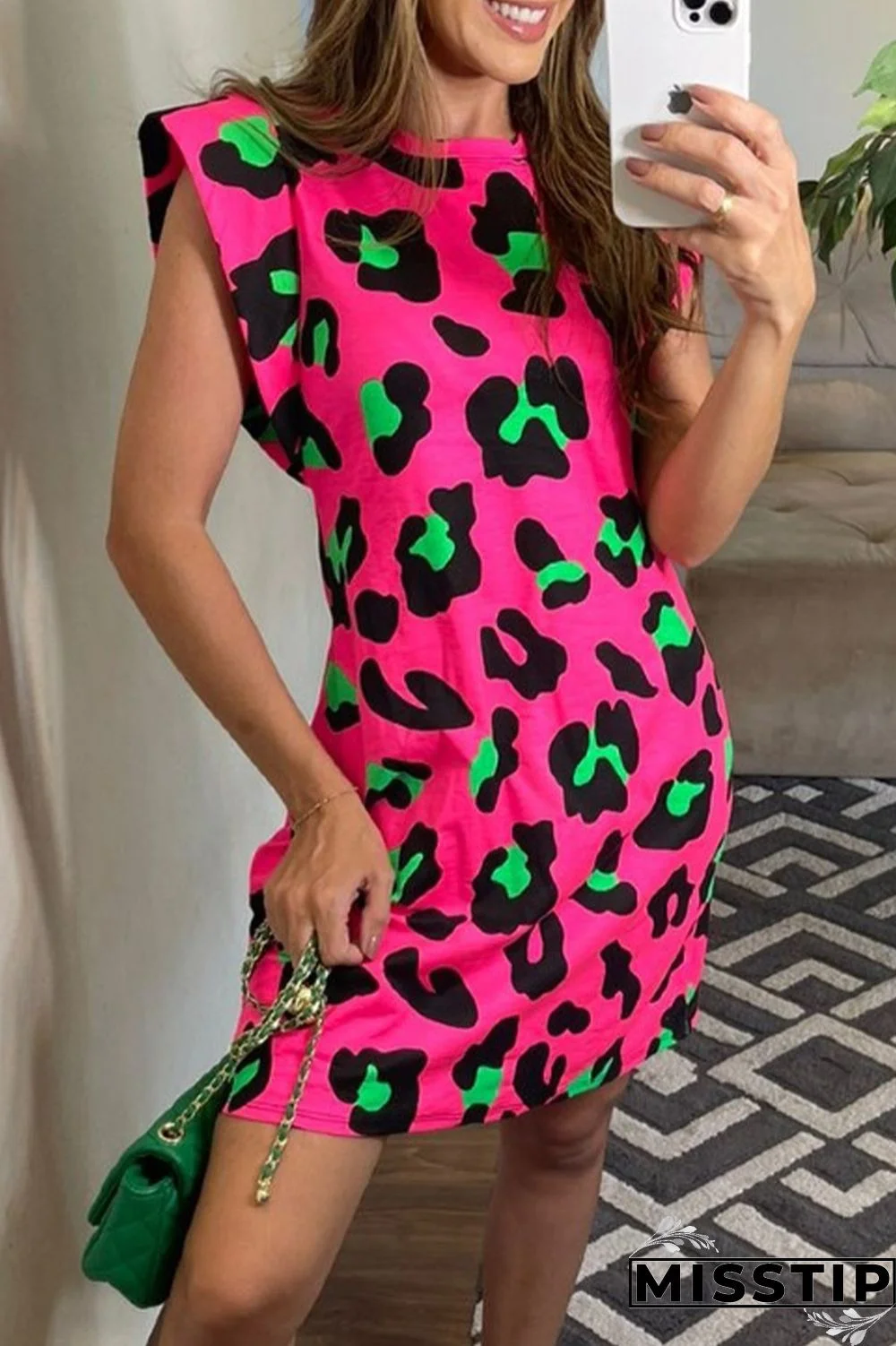 Rose Red Casual Sweet Leopard Patchwork O Neck A Line Short Sleeve Dress
