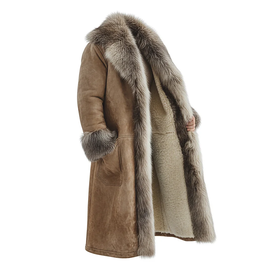 Men's Retro Fur Collar Lapel Long Coat Lambswool Lined Thick Long Coat