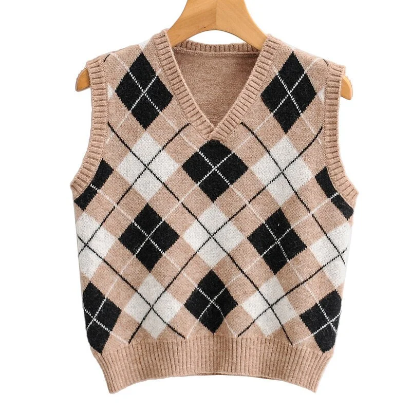 HEYounGIRL Argyle Y2K Khaki Cropped Sweater Vest  Vintage Sleeveless Knitted Pullover Women V Neck Preppy Style Tank Vest Autumn