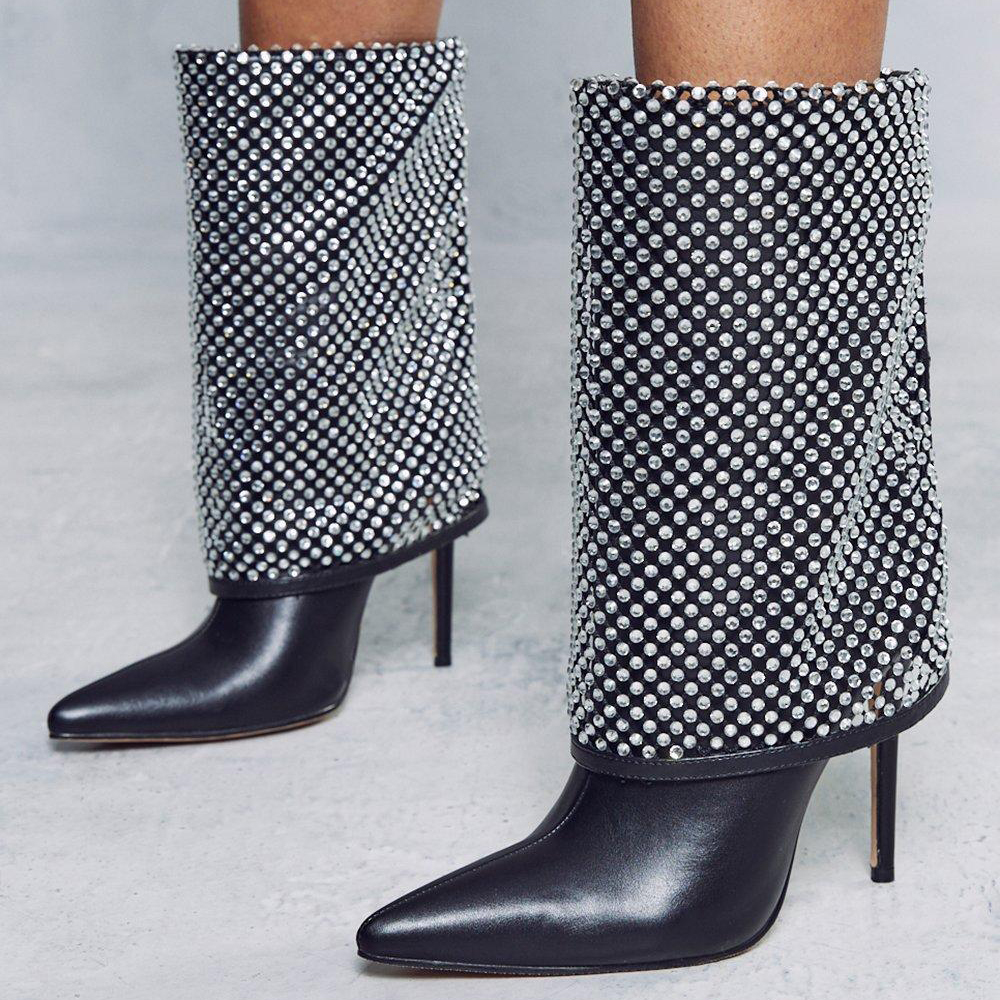 Stylish Black Rhinestone Mesh Overlay Stiletto Heel Mid Calf Boots Nicepairs