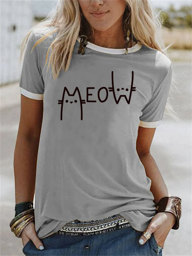 Lovely Cat Meow Print Comfy T Shirt