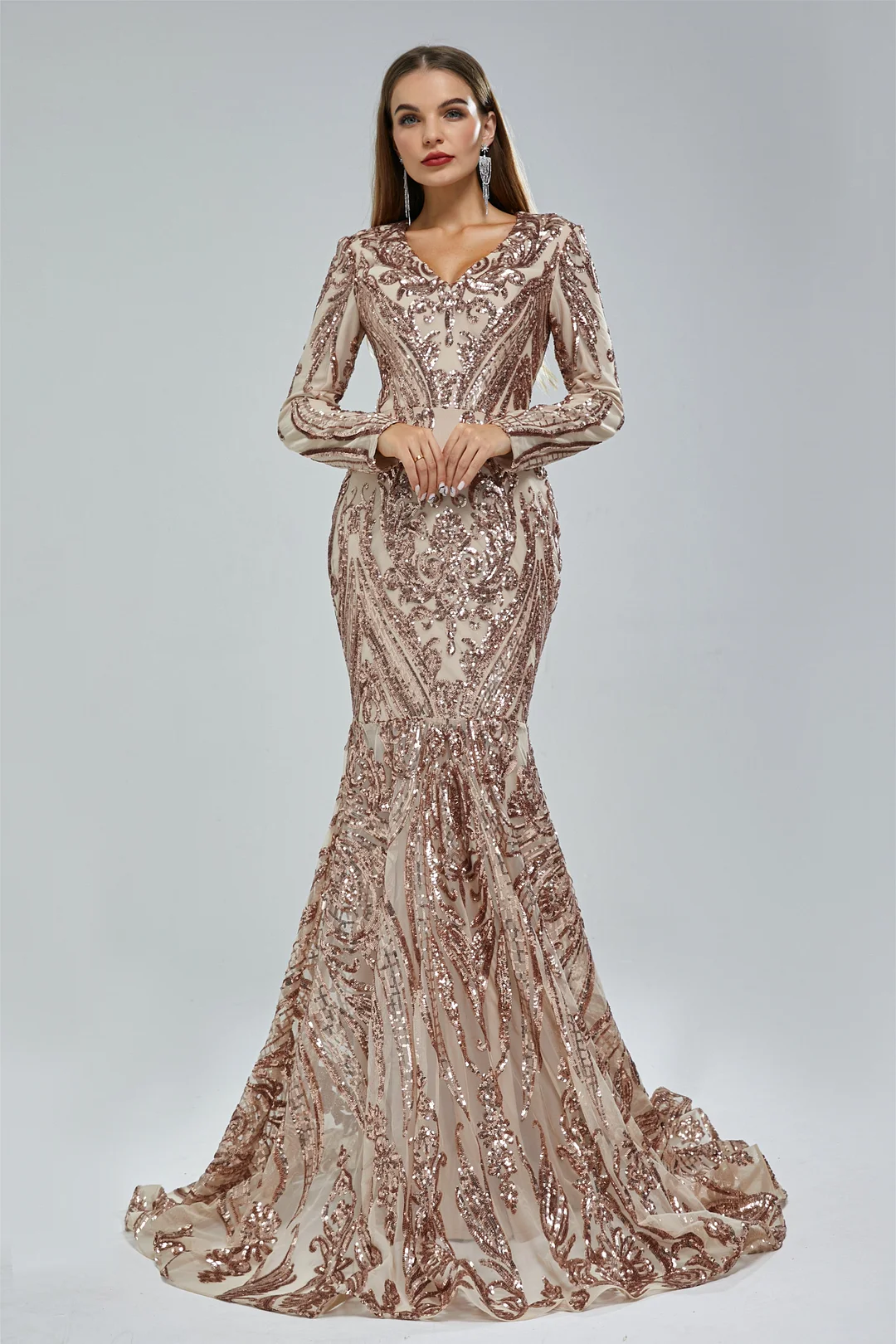 Bellasprom V-Neck Mermaid Prom Dress Long Sleeves Sequins Long