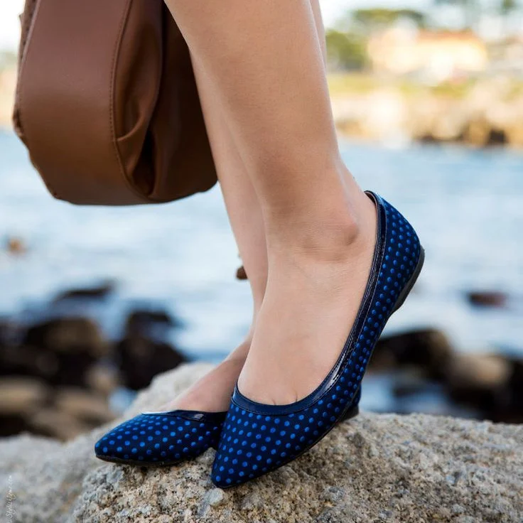 Women's Blue Polka Dot Pointed Toe Comfortable Flats |FSJ Shoes
