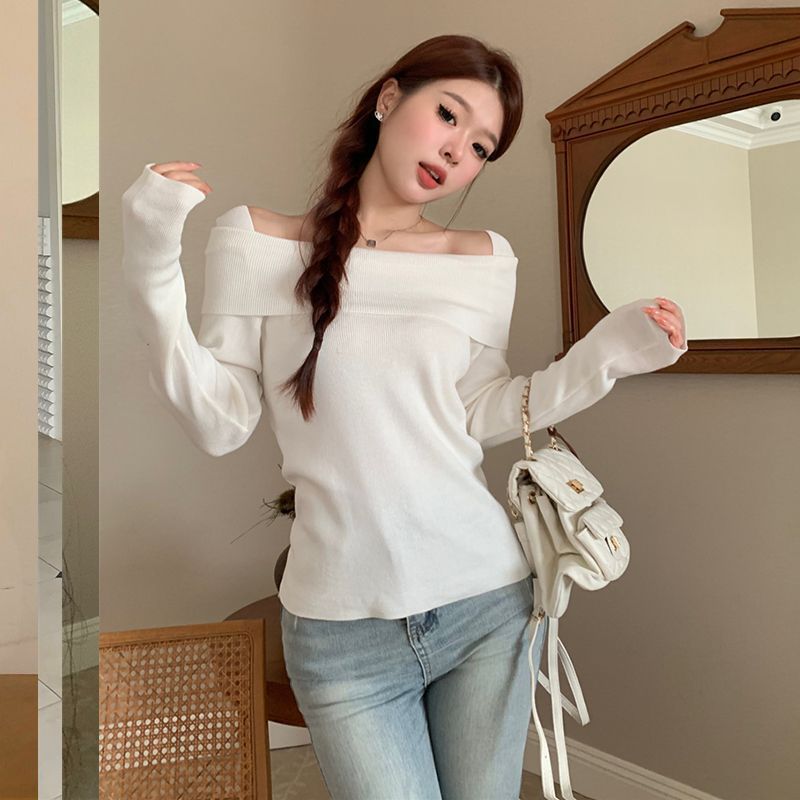 Aiertu long sweater dress outfit Striped Temperament off-Shoulder Sweater Women's Autumn Slim Slimming Gentle Bottoming Sweater Top aiertu