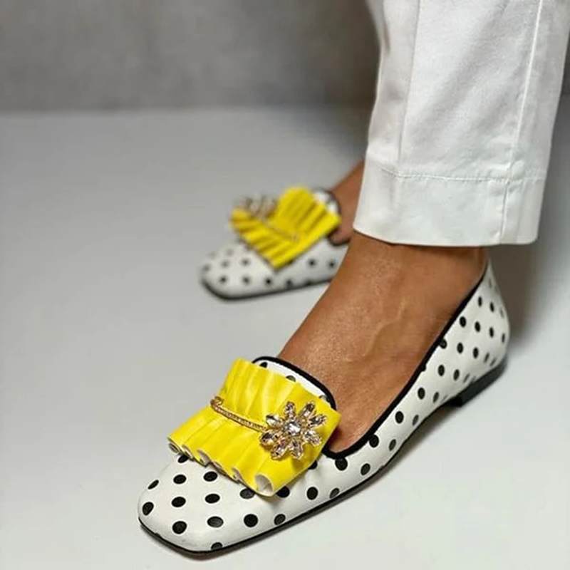 White Square Toe Polka Dot Rhinestone Buckle Loafer Flats