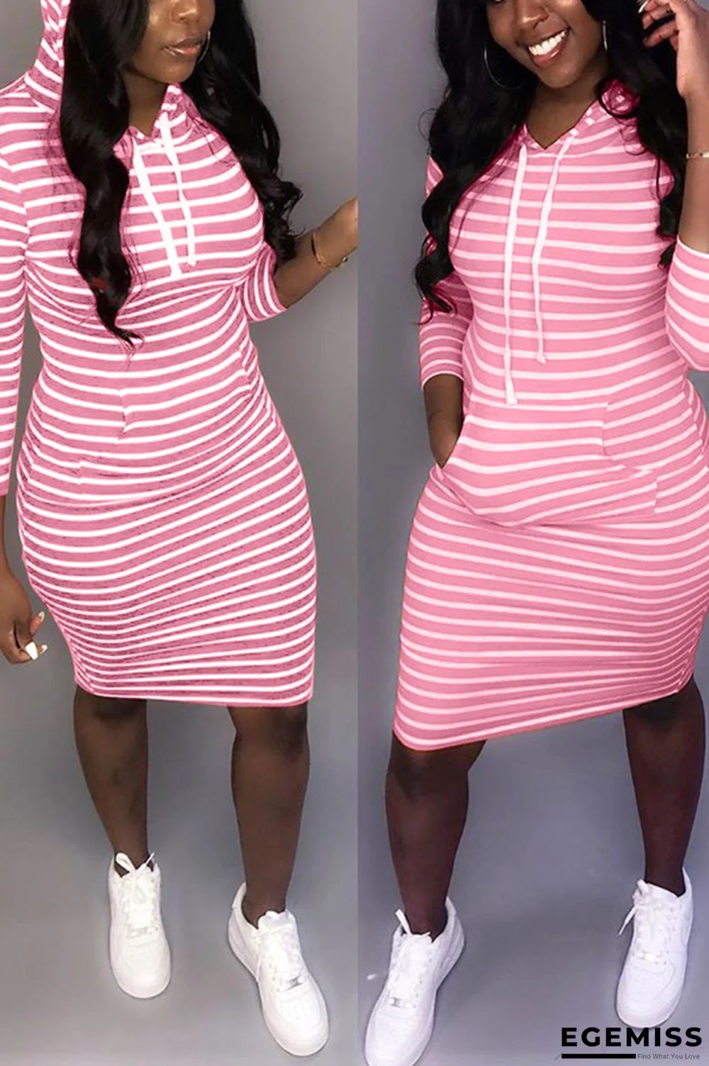 Pink Fashion adult Casual Cap Sleeve 3/4 Length Sleeves O neck A-Line Knee-Length Striped Print | EGEMISS