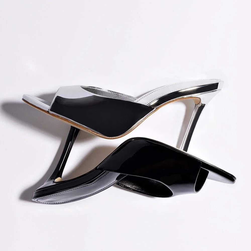 Black Patent Leather Open Toe Stiletto Heel Mule Shoes for Women
