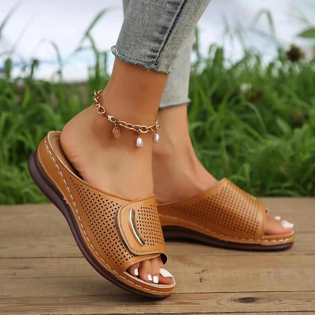 Yyvonne New Large-Size Slope Heel Sandals Women's Wide Strip With Breathable Casual Shoes Pure Color Slope Heel Women's Shoes
